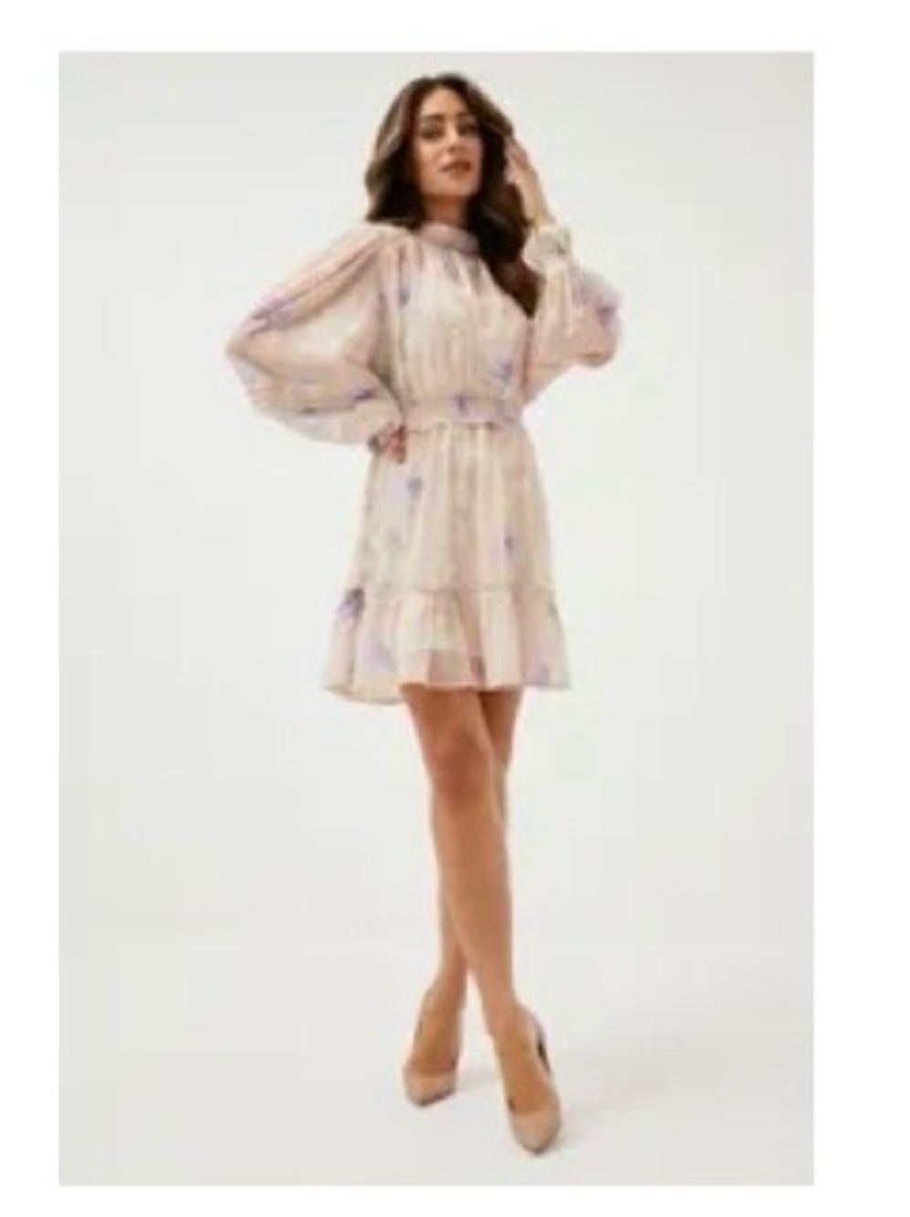 Karen Millen Light Pink Floral Long-Sleeve Mini Dress